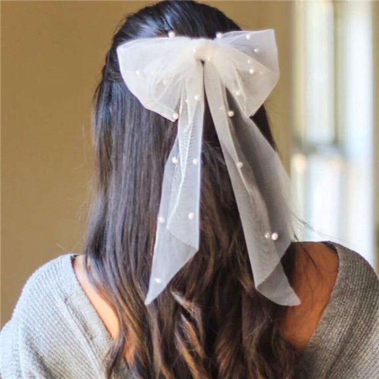 Bridal Hair Bow Veil Pearl Wedding Hair Piece White Tulle Bow With Clip New
